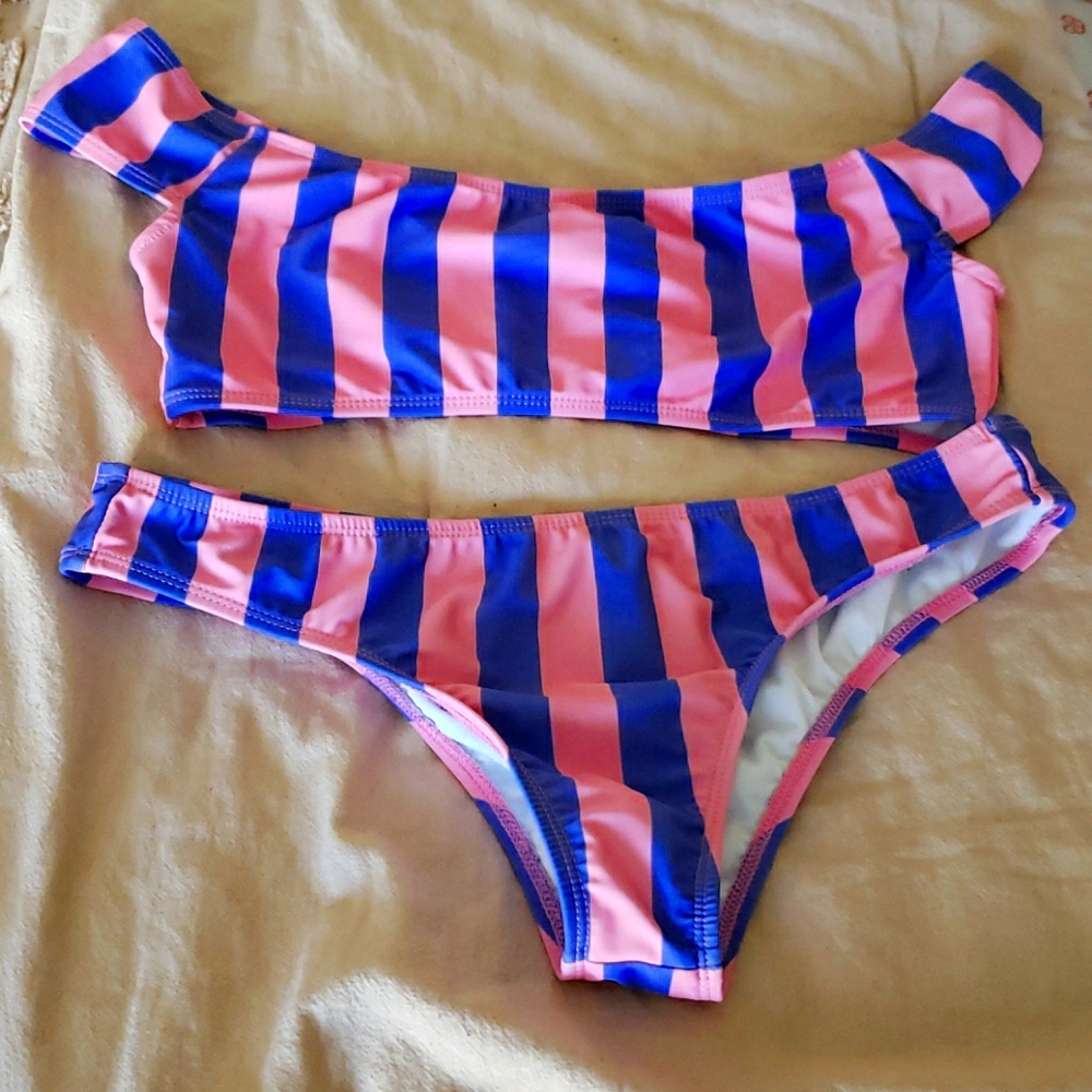 Bathing Suit Pink and Blue Striped Size S
